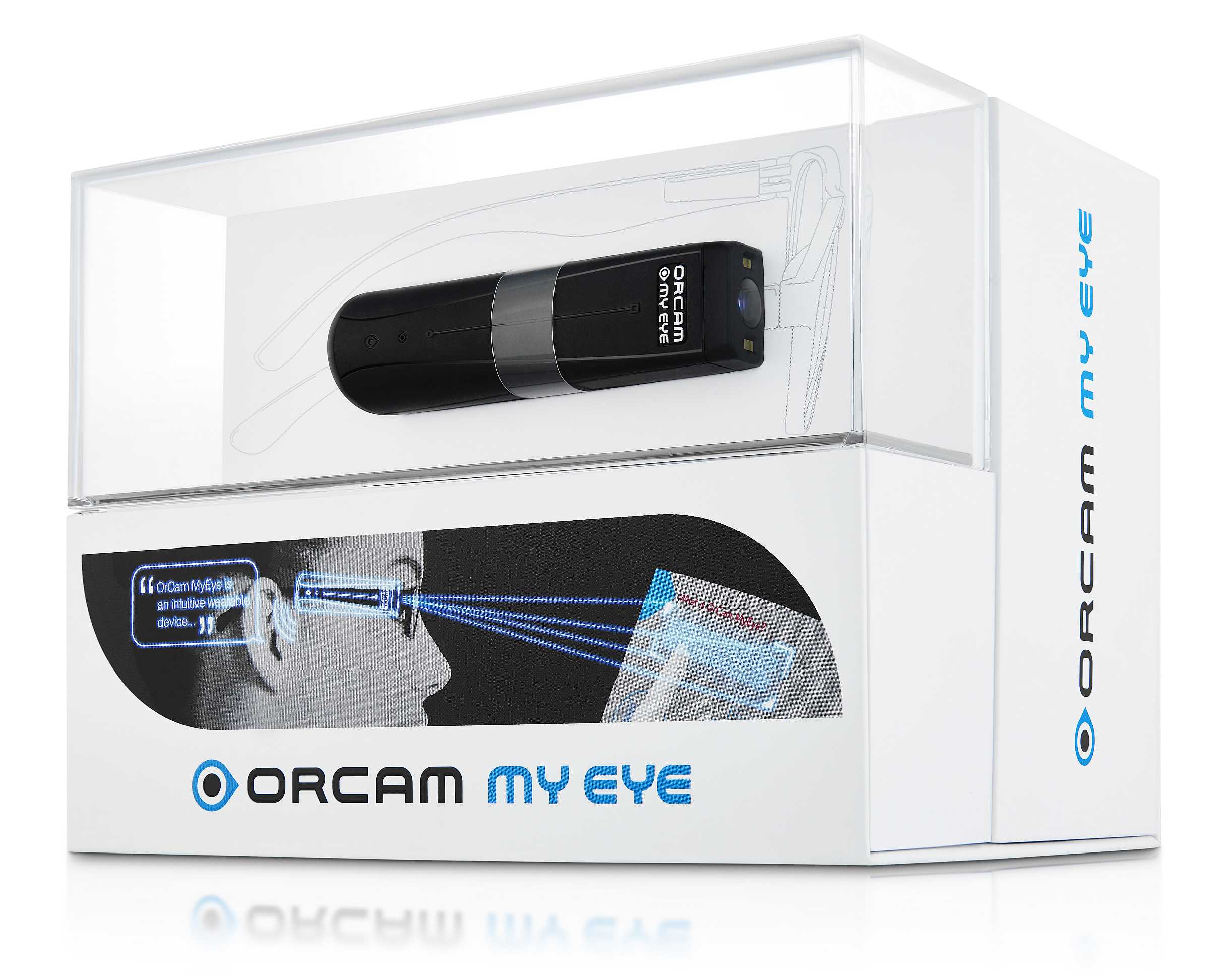 Das Bild zeigt die OrCam Brillenkamera in der Verpackung.